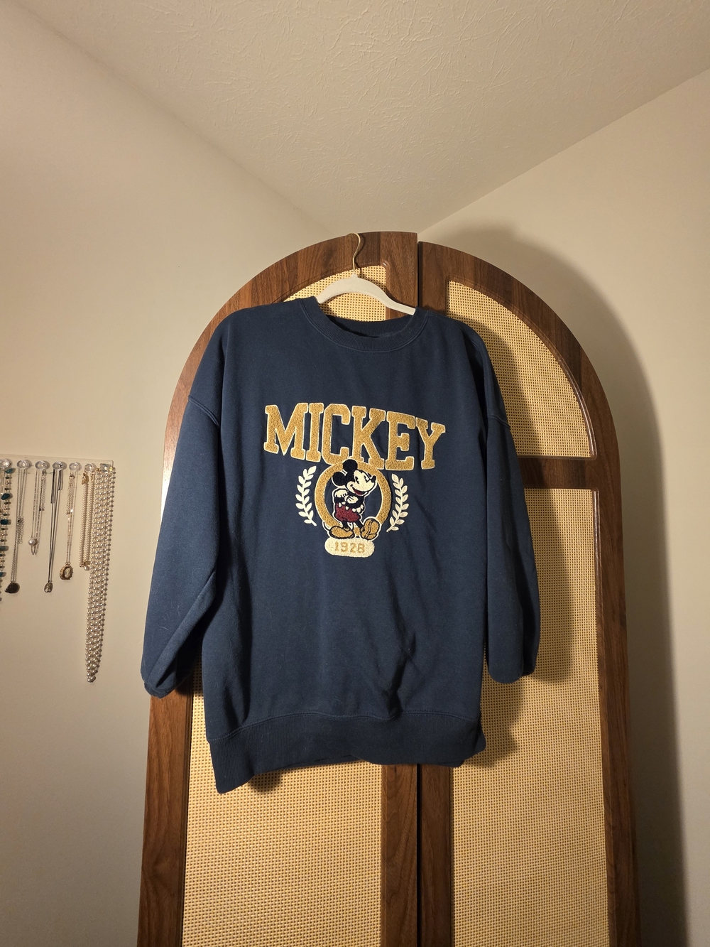 Disney Navy Crewneck Sweater with Gold Mickey Appliqué